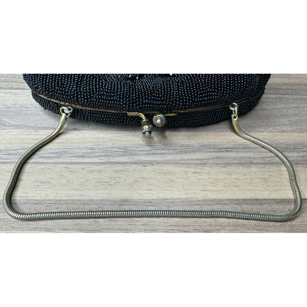 Flower Beaded Pattern Vintage Kiss Clasp Black Clutch Purse With‎ Hand Strap